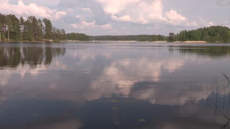 Toma-Panorámica-Del-Lago-Con-Bosque-De-Coníferas-En-Finlandia