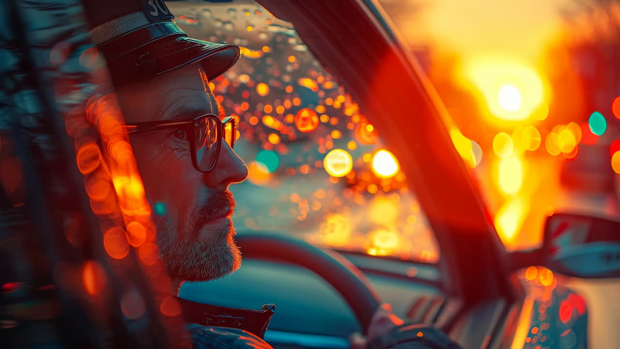 Man driving at sunset, hat on. A man with glasses and a hat drives through the city during sunset with colorful lights and raindrops on the window