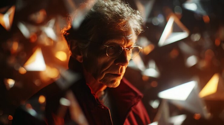 Un ritratto contemplativo di un individuo introspettivo, immerso in uno sfondo affascinante di luce rifratta, che cattura un momento di riflessione in mezzo a una dinamica rappresentazione di forme geometriche e colori vibranti