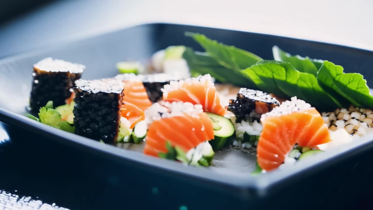 Sushi platter with salmon and maki rolls