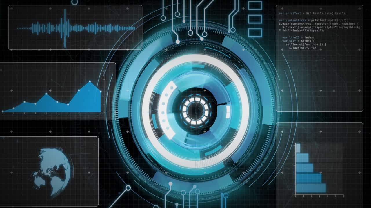 Animation of motherboard and circular scanner processing data on interface with black background