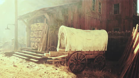 an old wooden shack and a covered wagon in a desert landscape