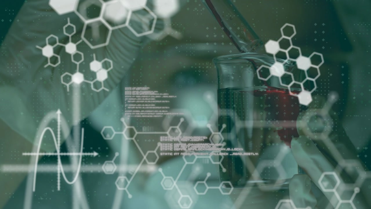 Animation of data processing and chemical formula over scientist in lab