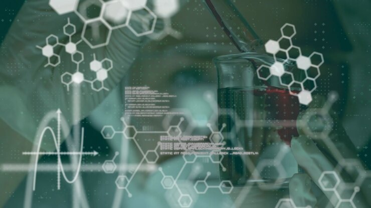 Animation of data processing and chemical formula over scientist in lab