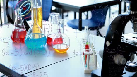 ecuaciones matemáticas flotando contra el equipo de laboratorio