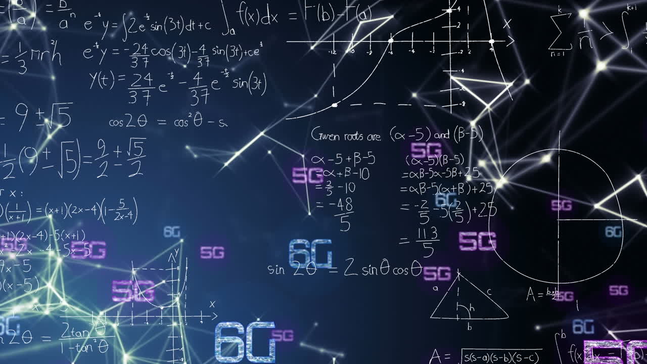 Animation of math formulas, connections and 6g on black background with light