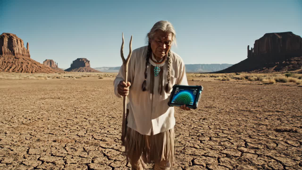 Native American Elder Using Technology in Desert Landscape