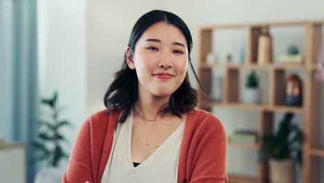 Asian-woman,-face-and-arms-crossed-with-smile