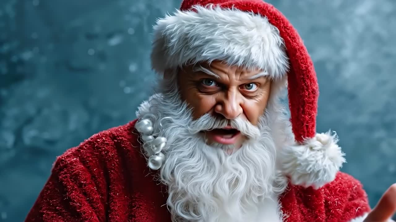 A man dressed as Santa Claus pointing at the camera