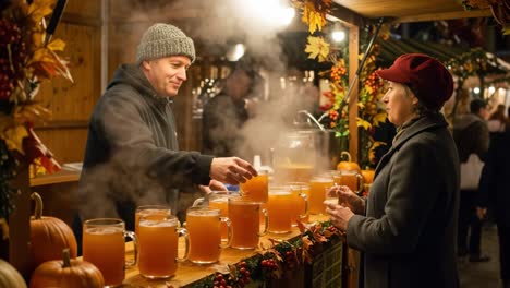 a warm atmosphere at the festive market: a vendor serves hot beverages to customers surrounded by autumn decor and seasonal delights