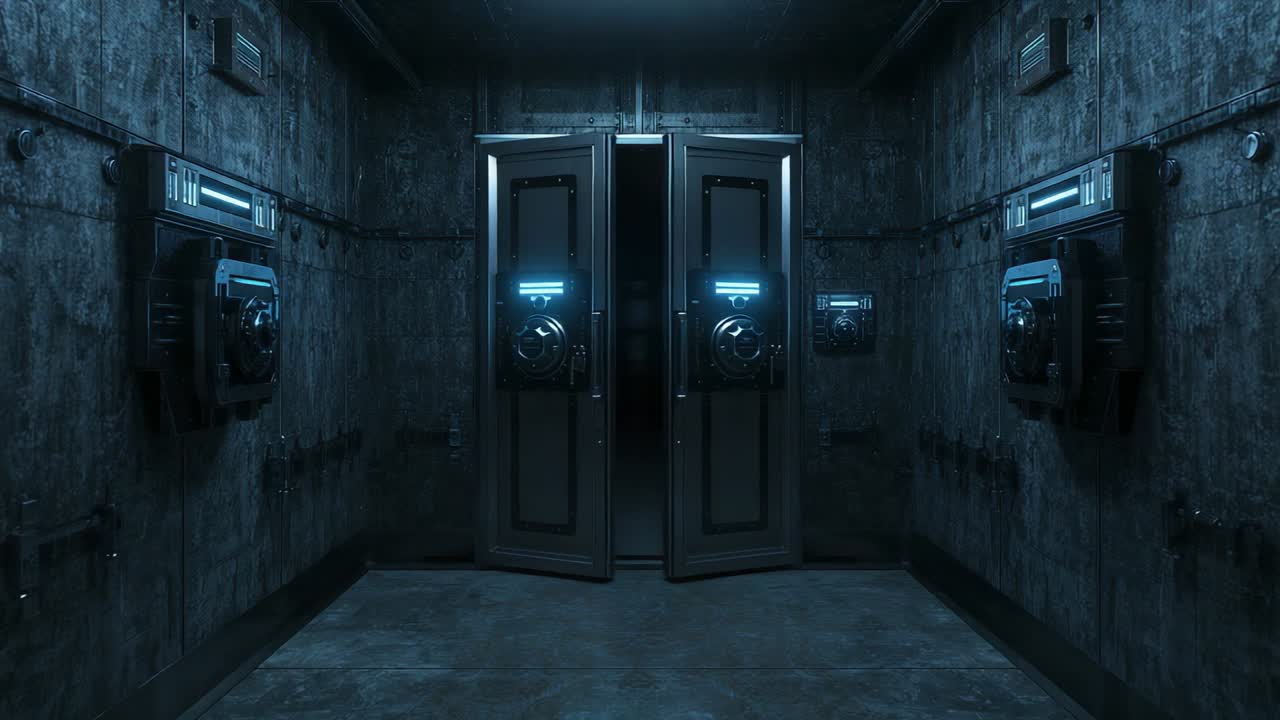 Panels activating and swinging reinforced vault doors open in corridor while blue lights pulsing