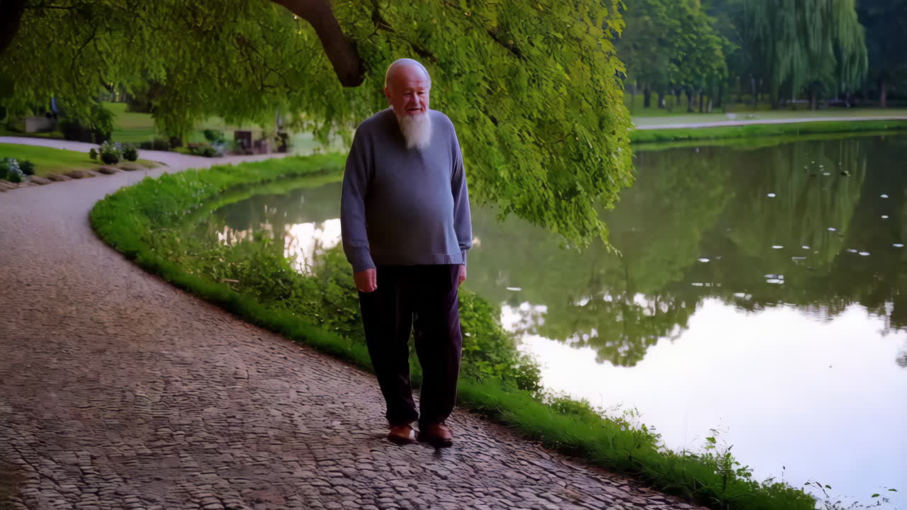 An Elderly Man with a White Beard Walking by a Pond in a Park