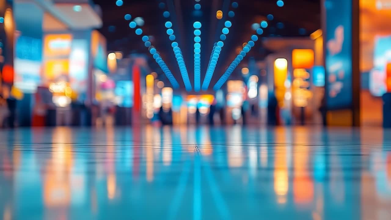 Bright lights fill the airport. Travelers navigate a vibrant airport terminal filled with colorful lights and reflections on a polished floor.