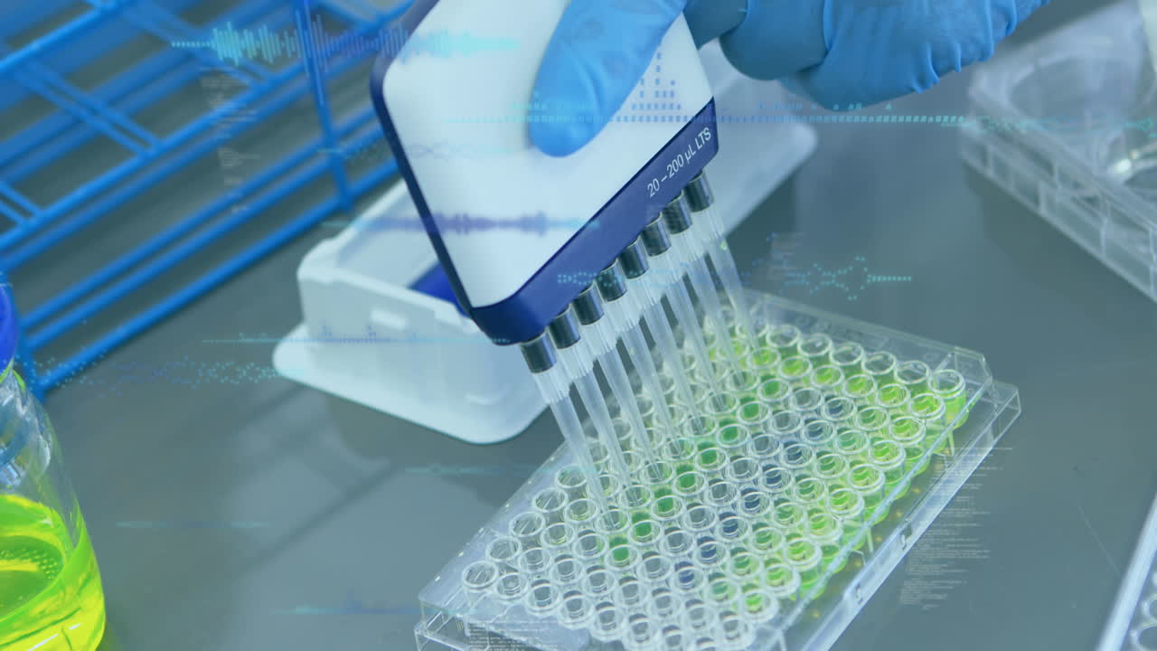 Animation of data processing over scientist taking samples in lab