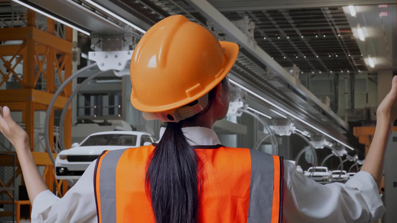 vista posterior cercana de una ingeniera con casco de seguridad extendiendo los brazos mientras está de pie en la fábrica de automóviles ev