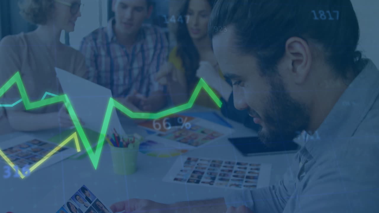 Bearded man reviewing contact sheet in marketing meeting, with green chart and 65% label floating