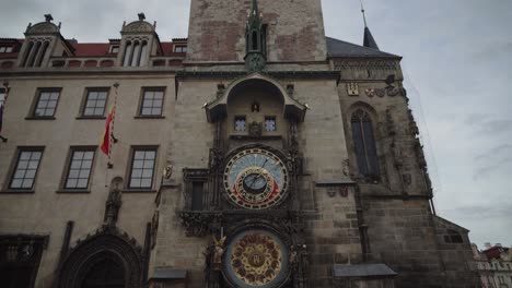 orloj astronomical clock on hall building in old town square prague, tilt up low angle view, no people