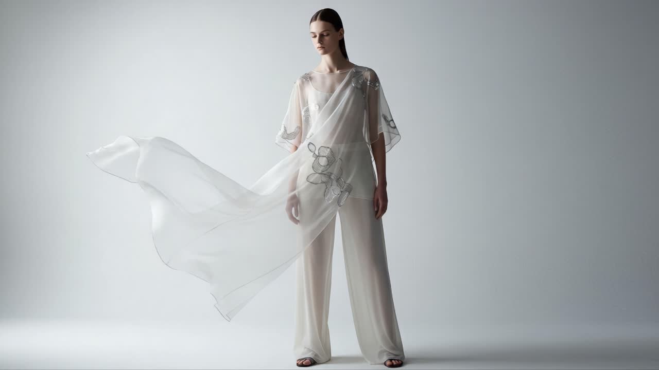 Elegant Fashion Presentation: A Model Showcases Ethereal Semi-Transparent Attire with Flowing Drapery and Intricate Designs, Highlighting Contemporary Style and Sophistication