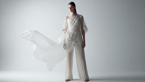 elegant fashion presentation: a model showcases ethereal semi-transparent attire with flowing drapery and intricate designs, highlighting contemporary style and sophistication