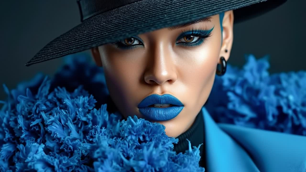 A woman wearing a black hat and blue lipstick