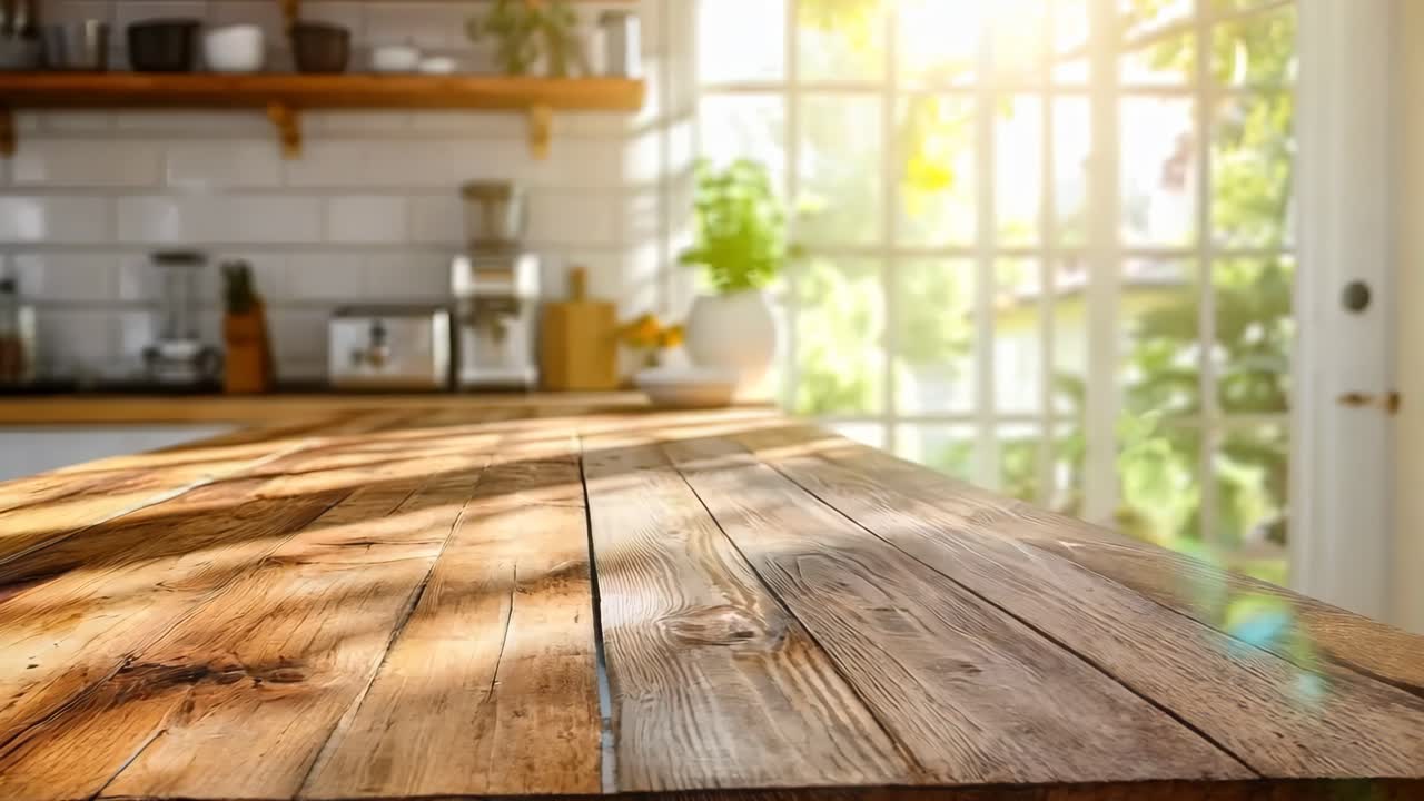 una mesa de madera en una cocina con una ventana en el fondo