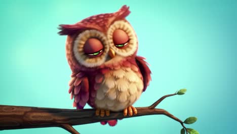 a charming animated owl with sleepy eyes perched on a branch against a soft blue background