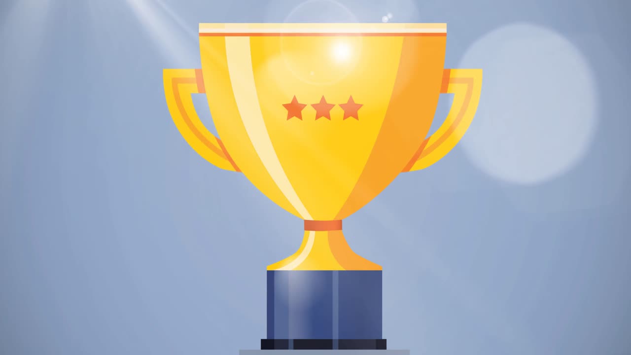 animación de puntos de luz flotantes y copa sobre fondo azul