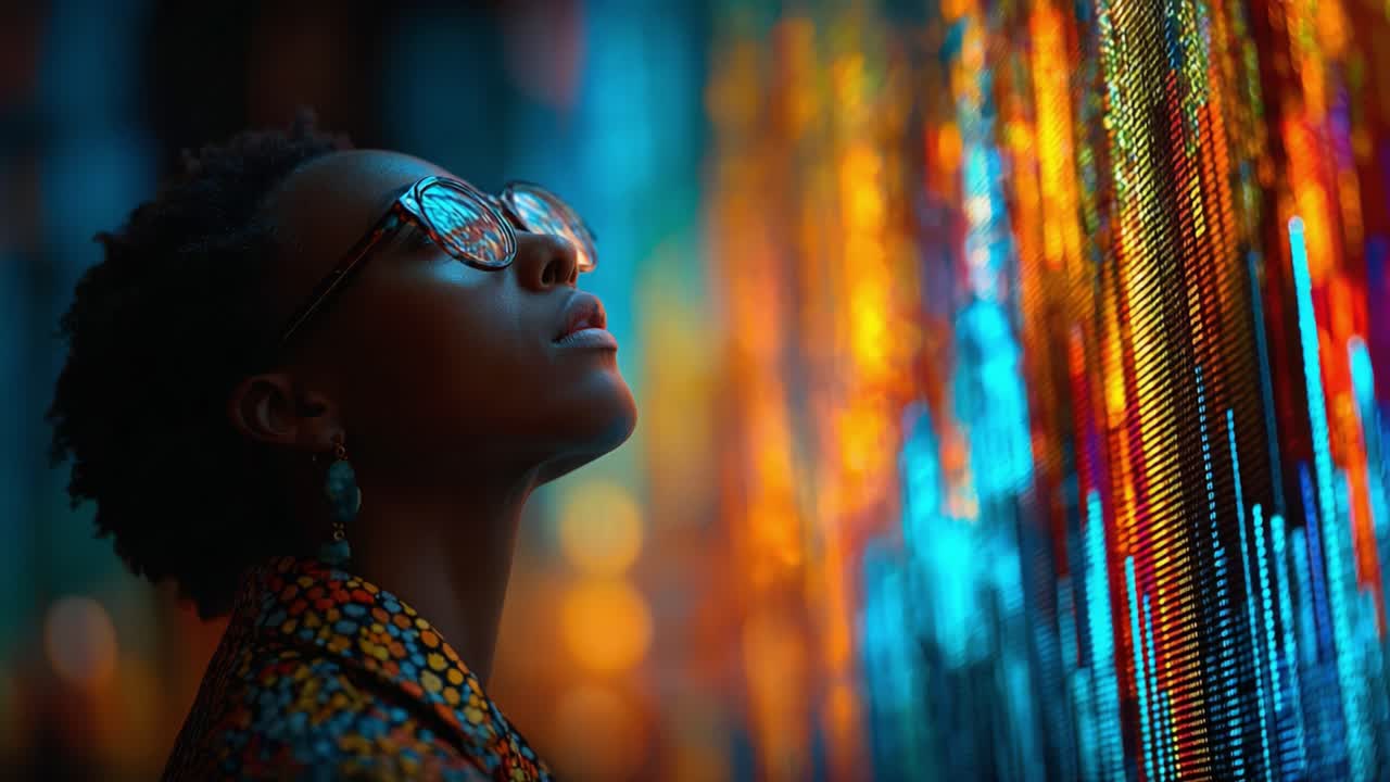 A Captivated Individual Gazes Upward in a Vivid, Colorful Environment, with Light Reflections Creating an Enchanting Atmosphere of Wonder and Reflection