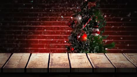 Holzvordergrund-Mit-Weihnachtlichem-Hintergrund-Aus-Baum-Und-Schnee