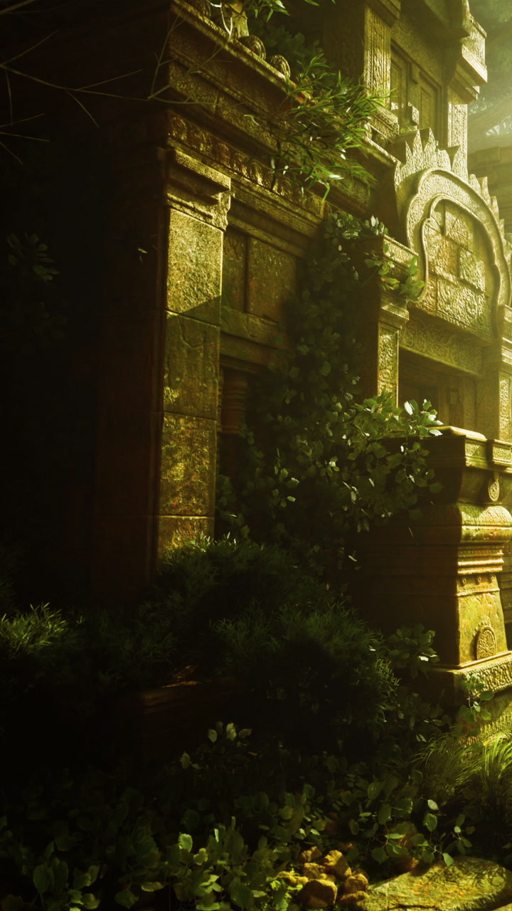 Ancient stone structure enveloped by lush greenery in enchanting light