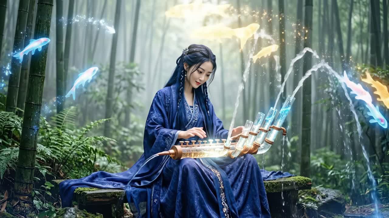 Donna che suona uno strumento magico con pesci luminescenti in una foresta di bambù
