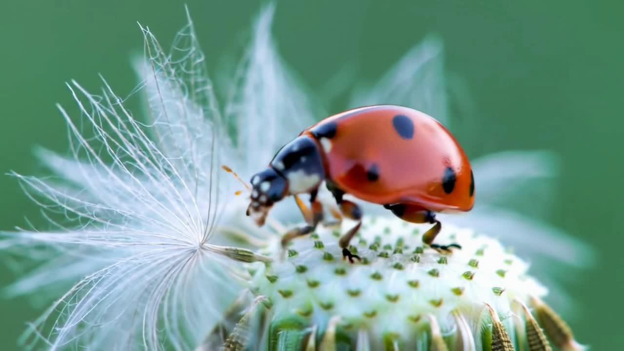 Macro Shot of a Red Ladybug on a White Dandelion Seed Head