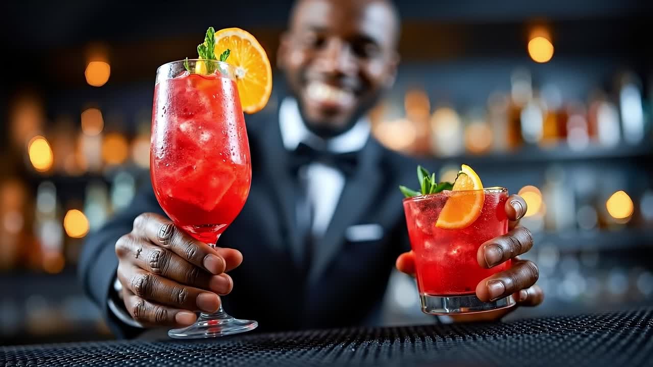 A man in a tuxedo holding two glasses of red drinks