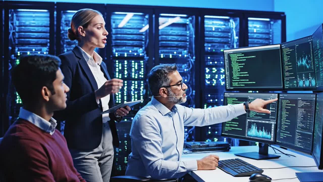 It professionals discussing data management in server room