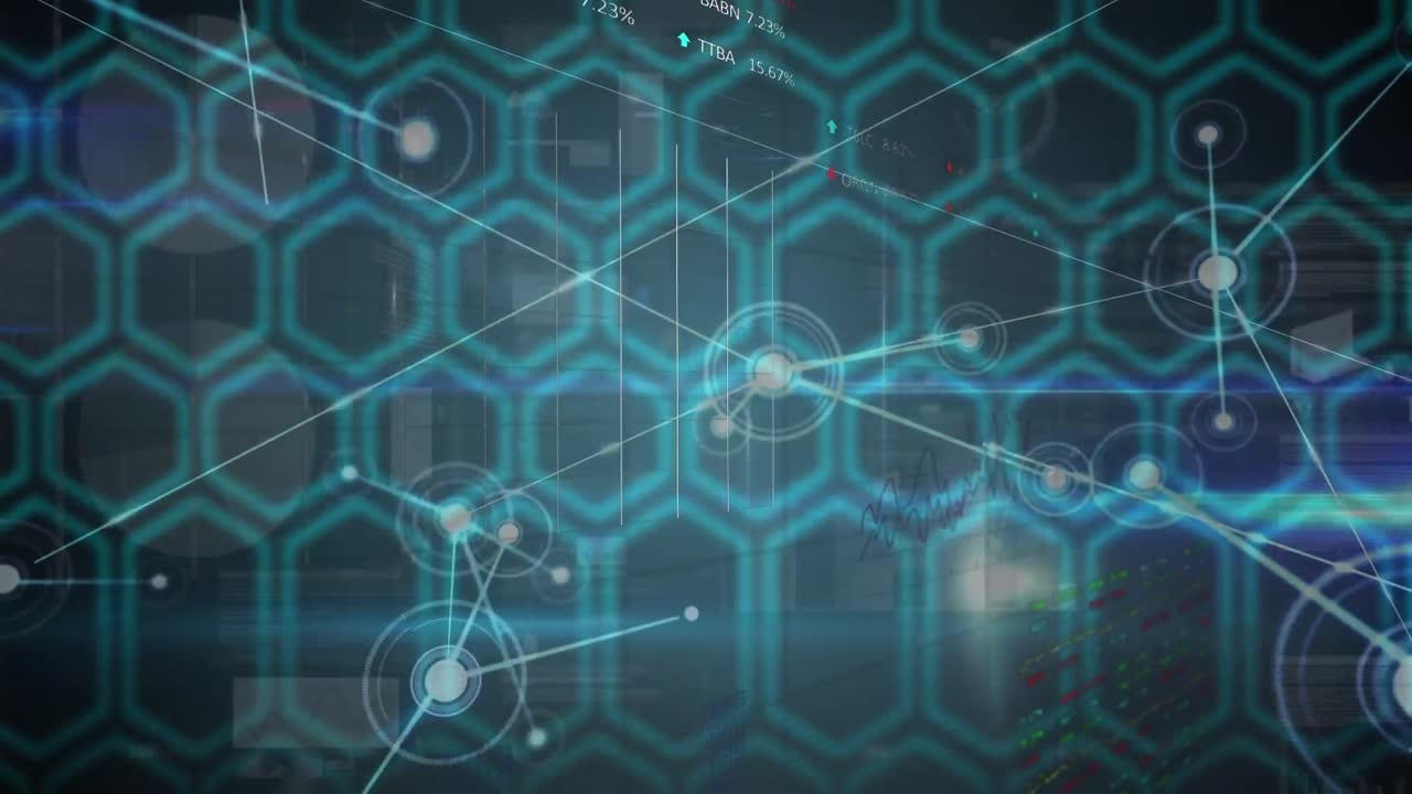 Animation of diverse financial data and network of connections over black screen with hexagons