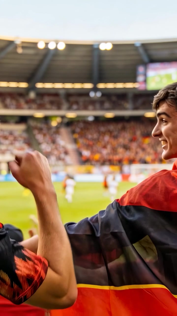 Video vertical: Señalando y chocando, aficionados con camisetas en la barandilla del estadio reaccionando a la jugada que se desarrolla.