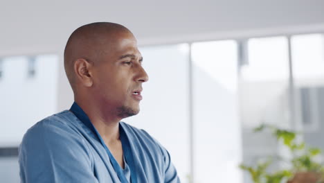 tired, thinking and a doctor with hospital stress