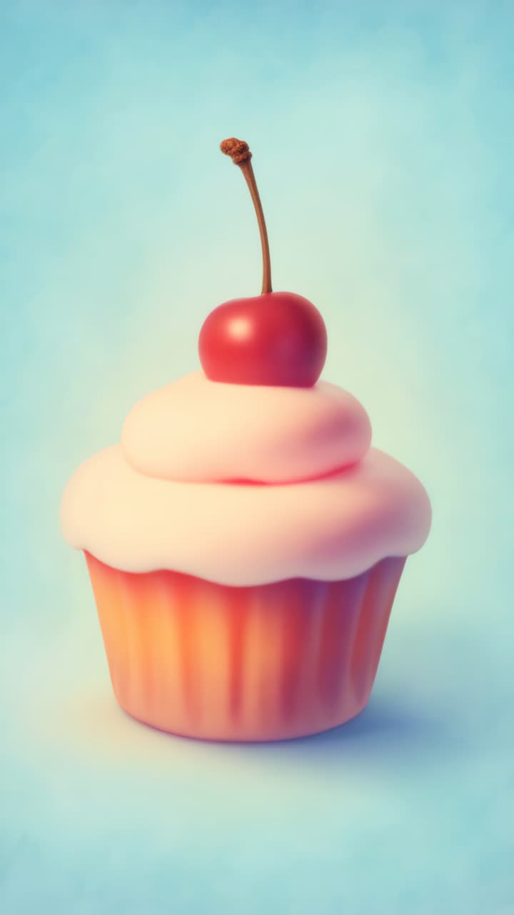 Un primo piano di un cupcake con glassa liscia e una ciliegina in cima, su sfondo blu tenue