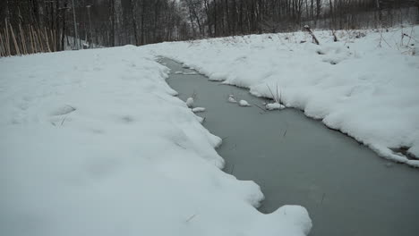 river freezes in winter in gorowo, bartoszyce county, warmian-masurian voivodeship, poland