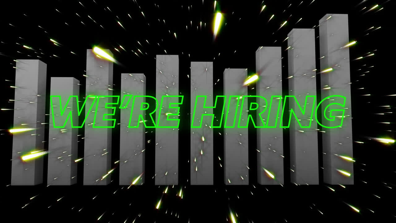 We''re hiring text animation over 3D bars with starry background