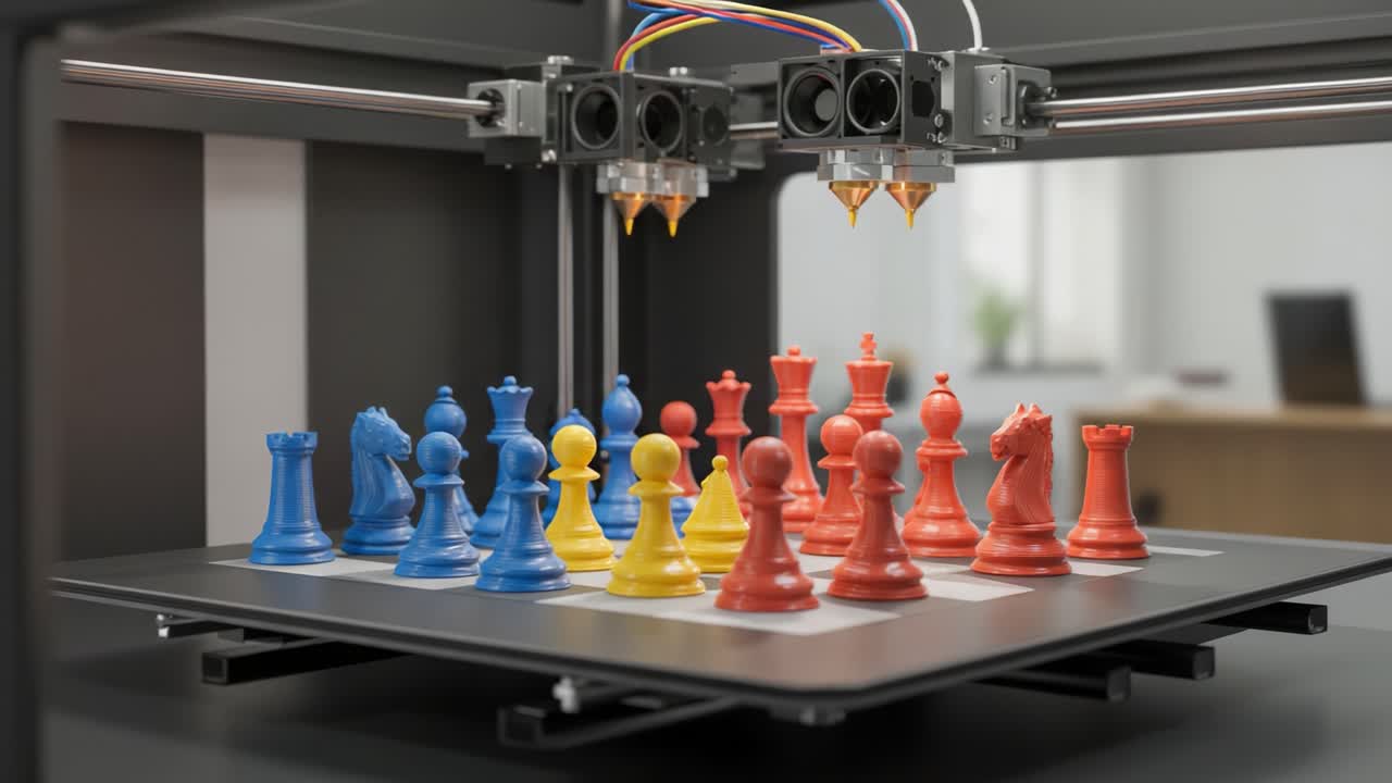 Innovative 3D Printing Process Capturing the Creation of a Colorful Chess Set with Intricate Details in an Advanced Printing Environment