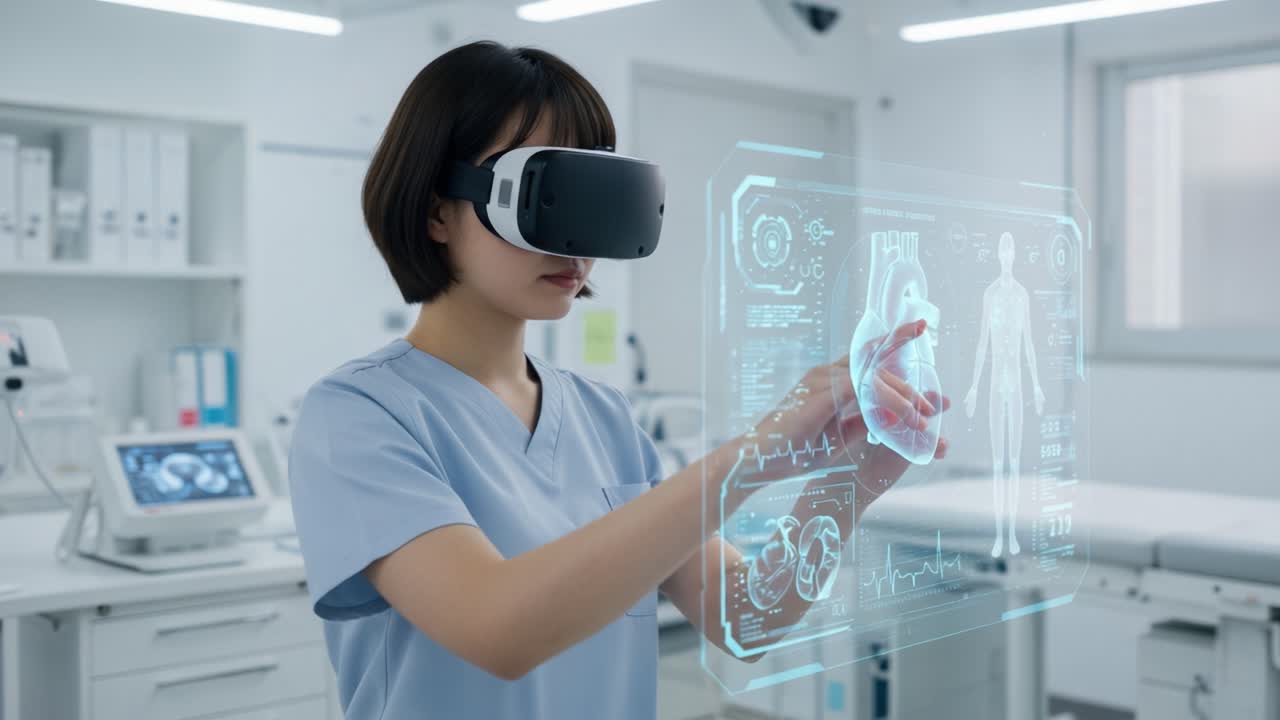 A medical professional interacts with advanced virtual reality technology to explore and analyze a 3D holographic model of the human heart in a clinical environment
