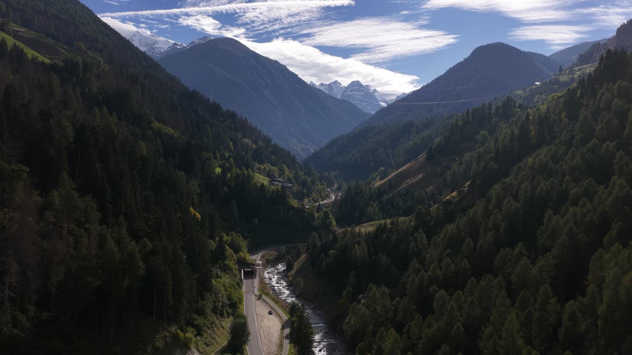 Stelvio, Stelvio pass mountains. Twisty road in the Italian Alps. Aerial video