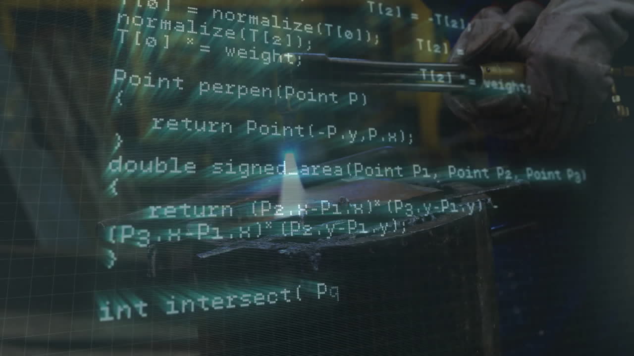 Male welder operating torch in technology workshop, displaying animated code overlay and sparks