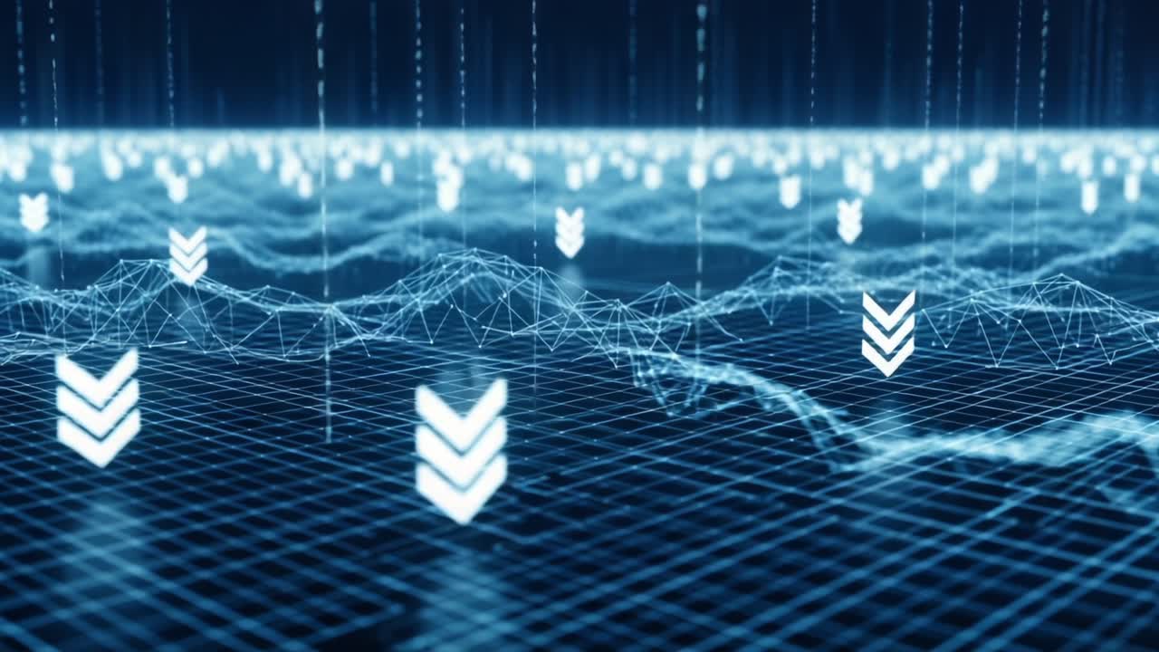 Dynamic Digital Landscape with Flowing Data Streams and Downward Arrows Representing Information Processing in a Futuristic Network Environment