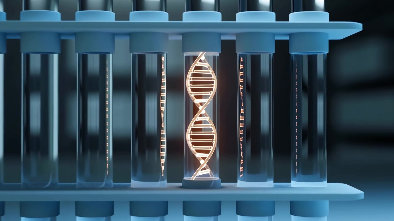 Close-up motion scene of clear laboratory test tubes in neat rows, central tube showing bright vertical DNA helix glow, cool blue surrounding tones, glass reflections, and strong contrast