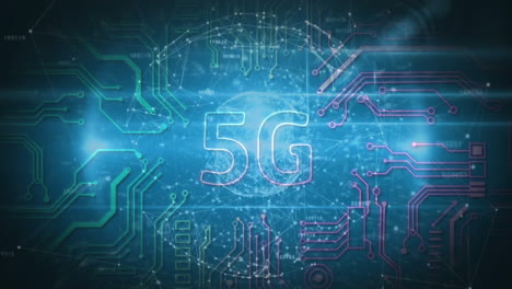 5g technology animation over digital circuit board and network connections