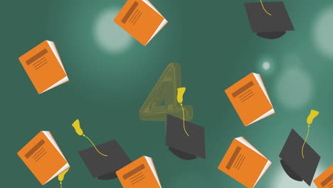 animación de gorras y libros de graduación sobre números y puntos de luz sobre fondo verde
