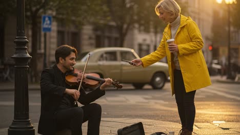 a beautiful moment on the streets: a street musician plays violin while a woman in a yellow coat enjoys the performance and drops a tip in the collection case
