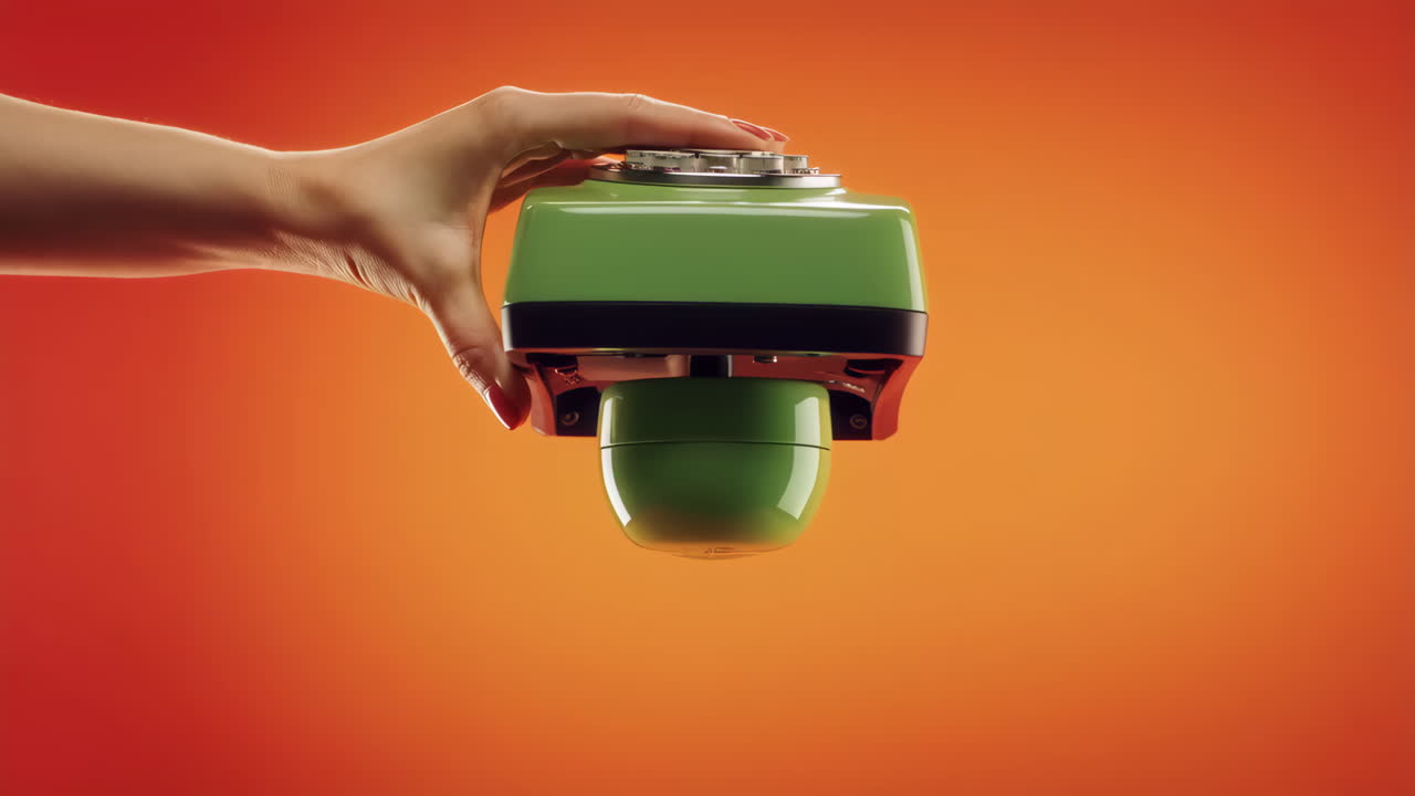 A hand holding a green kitchen appliance over its base
